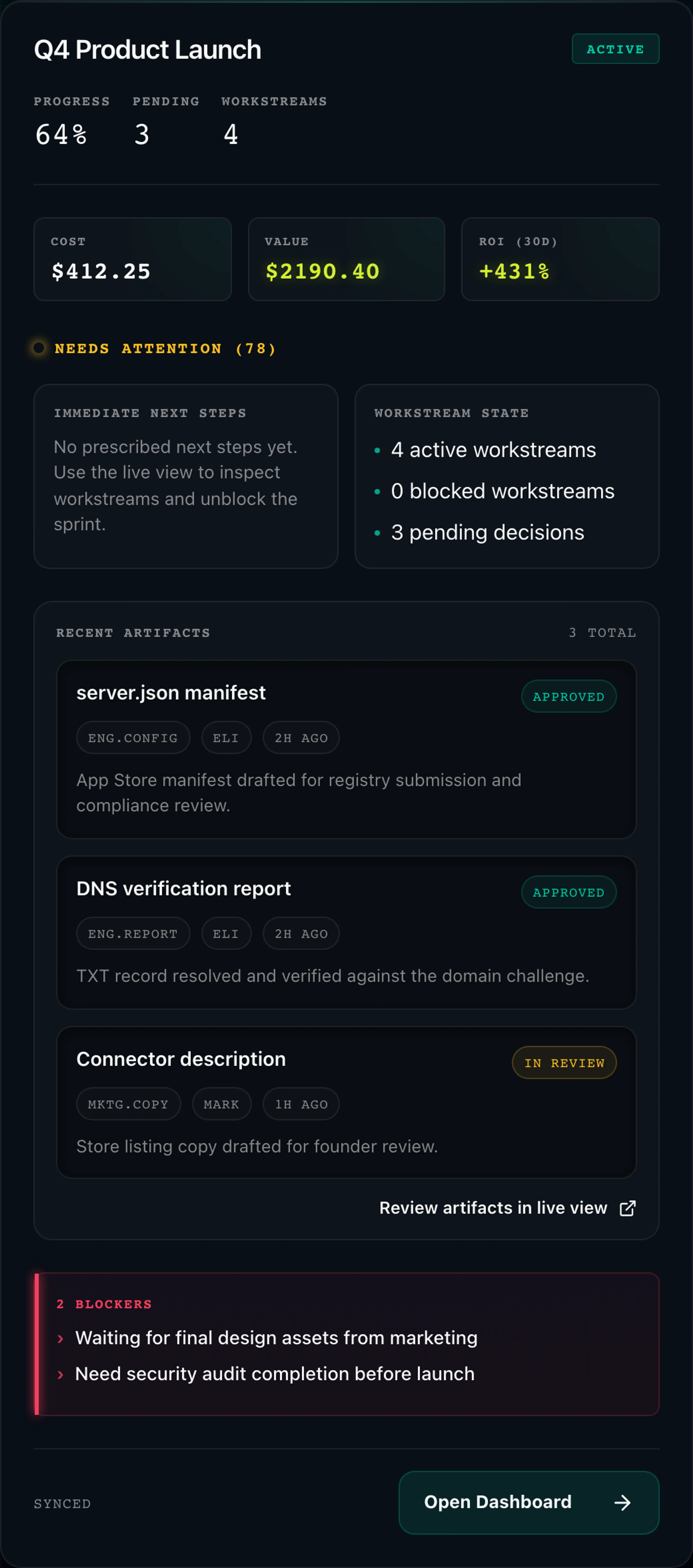 OrgX initiative pulse showing workstreams, decisions, artifacts, and blockers