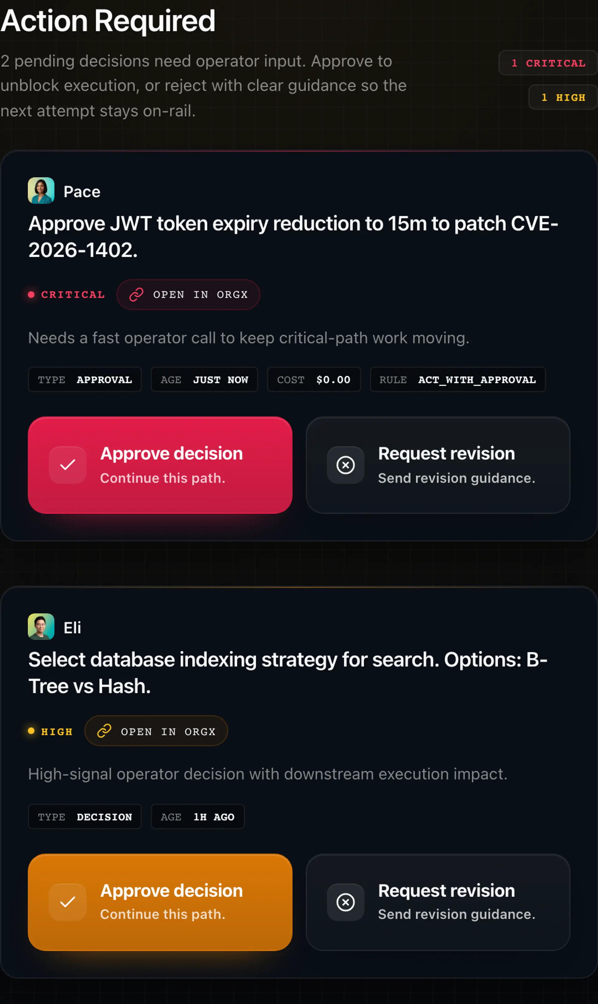 OrgX pending decisions approval widget